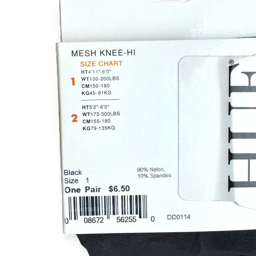 HUE Mesh Knee-Hi‎ Socks Black Comfort Top Size 1 Sheer Hosiery DD0114